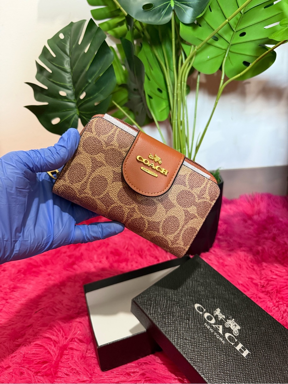 Coach Brown Signature Zip Card Case with Tan Leather Flap